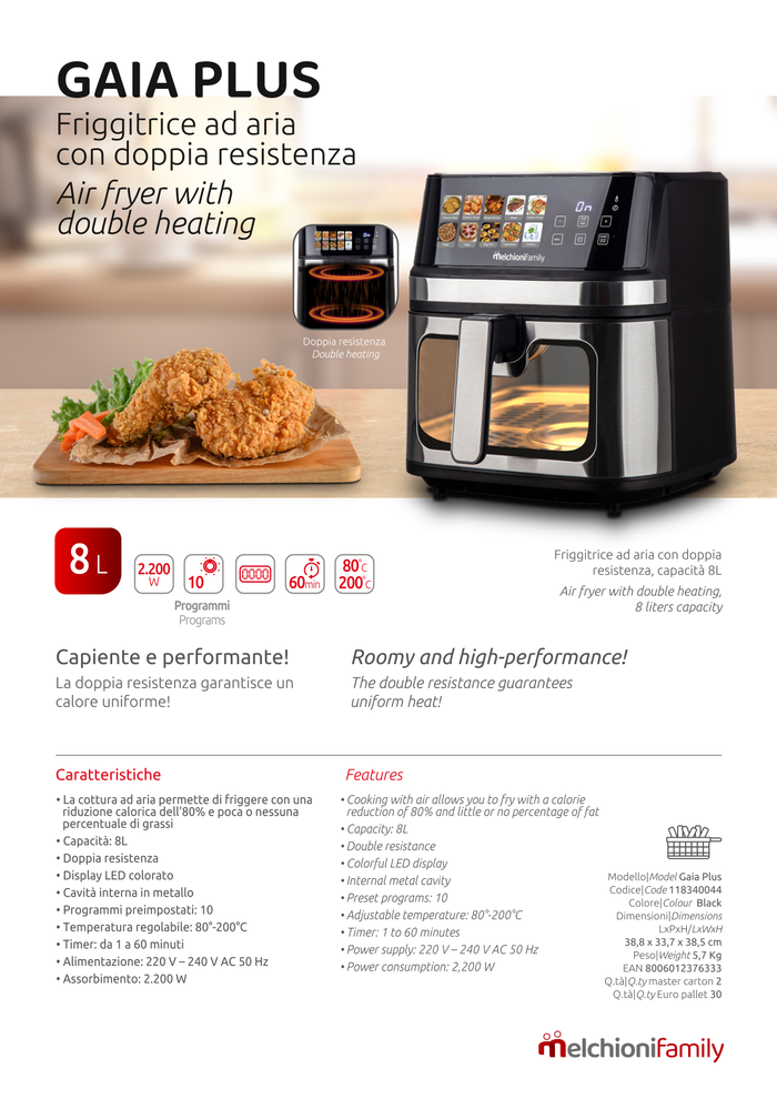 Melchioni Family Friggitrice ad aria GAIA PLUS8L doppia resistenza display digitale led a colori 10 programmi timer 2200W