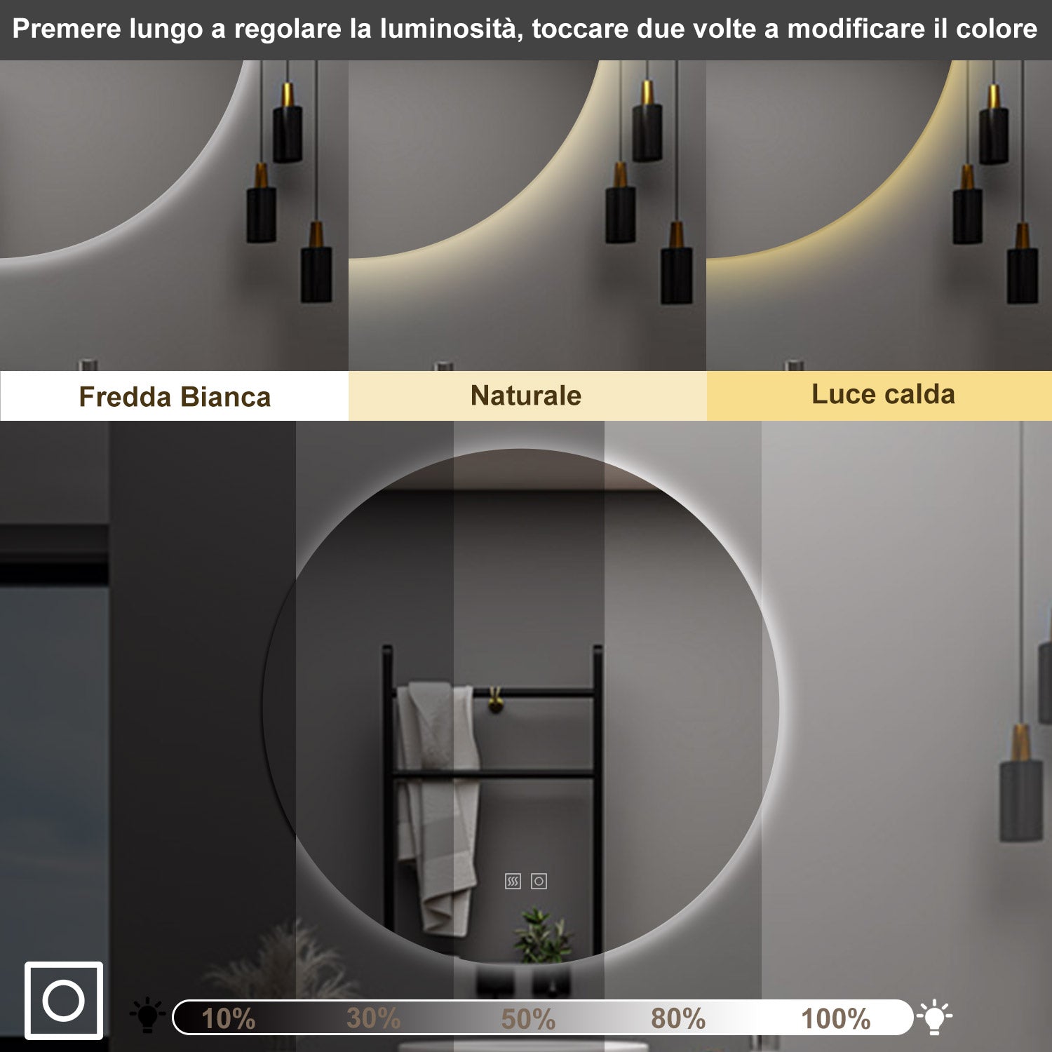 AICA Specchio da bagno 90 x 90 cm, 3 colori, antiappannamento, dimmerabile, interruttore touch, Funzione Memoria