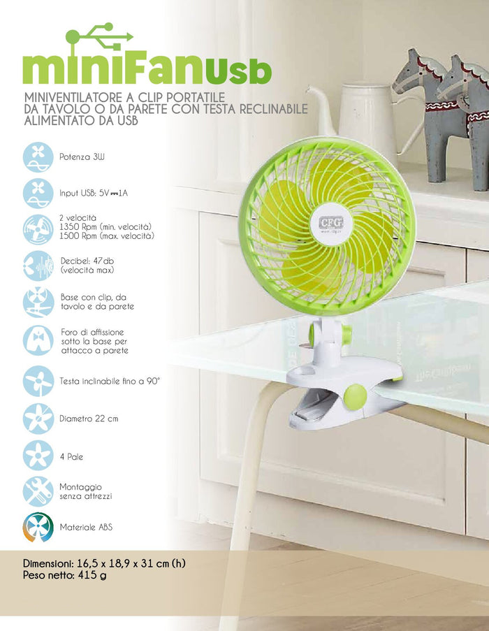 CFG EV090 MINI FAN USB Ventilatore base con clip, a pinza da tavolo e da parete, diametro 22 cm, inclinabile 90°