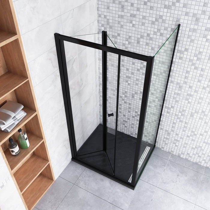 185cm Box Doccia Angolare Porta a Soffietto con Parete Fissa 100x70cm in Vetro Temperato Trasparente 5 mm Profilo Nero Opaco