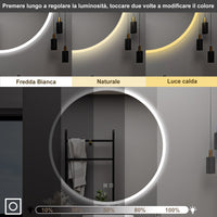 AICA Specchio da bagno 80 x 80 cm, 3 colori, antiappannamento, dimmerabile, interruttore touch, Funzione Memoria