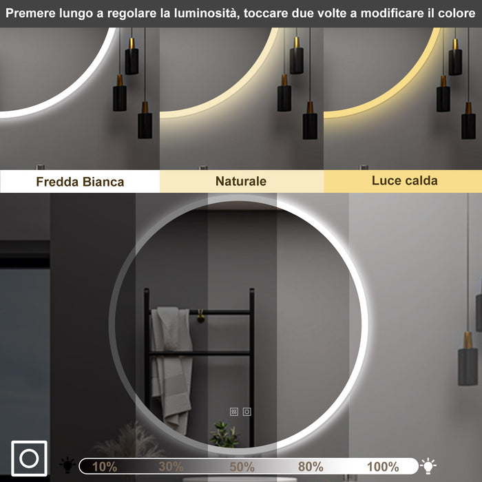 AICA Specchio da bagno 80 x 80 cm, 3 colori, antiappannamento, dimmerabile, interruttore touch, Funzione Memoria