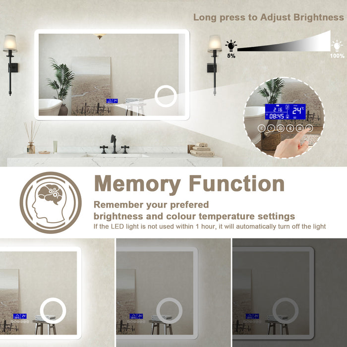 Specchio bagno Rettangolare 100x60cm Led Con 3 Luci + 3X Lente d'ingrandimento + Bluetooth + Antiappannamento