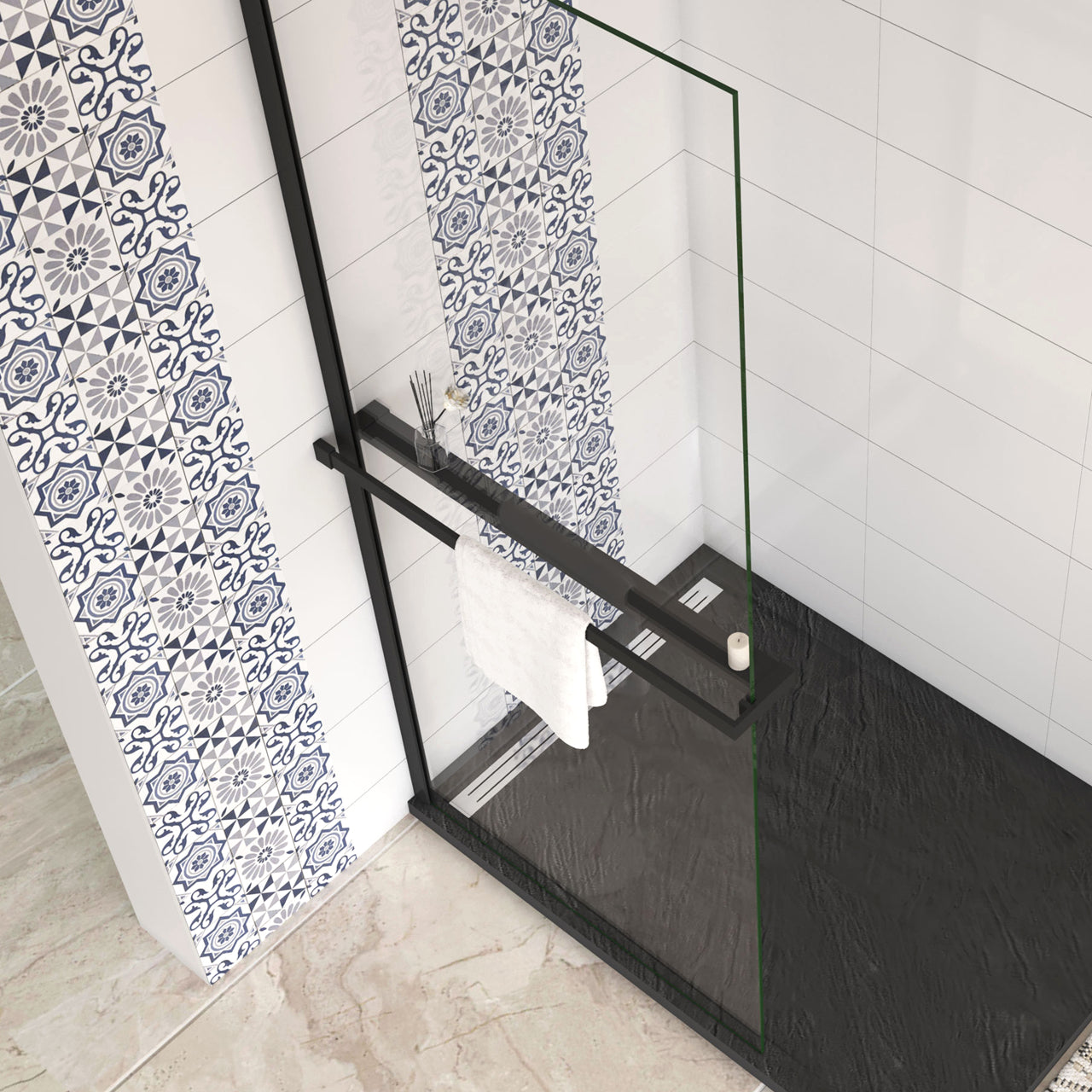 Mensola Doccia per Parete Doccia Walk in 120 cm Alluminio Nero Opaco Porta-asciugamani Adattabile Vetro da 8 mm