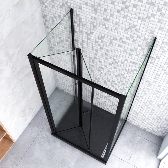 185cm Box Doccia a Tre Lati Porta a Soffietto 90cm con Doppia Parete Fissa 80x80cm in Vetro Temperato Trasparente 5 mm Profilo Nero Opaco