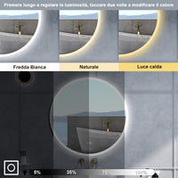 Specchio da bagno Rotondo con 70cm,Blue tooth,3 colori,Memoria, Antifog,Regorabile,Retroilluminato,doppio interruttore,