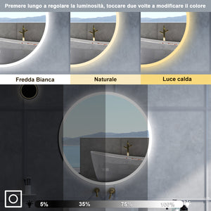 Specchio da bagno Rotondo con 70cm,Blue tooth,3 colori,Memoria, Antifog,Regorabile,Retroilluminato,doppio interruttore,