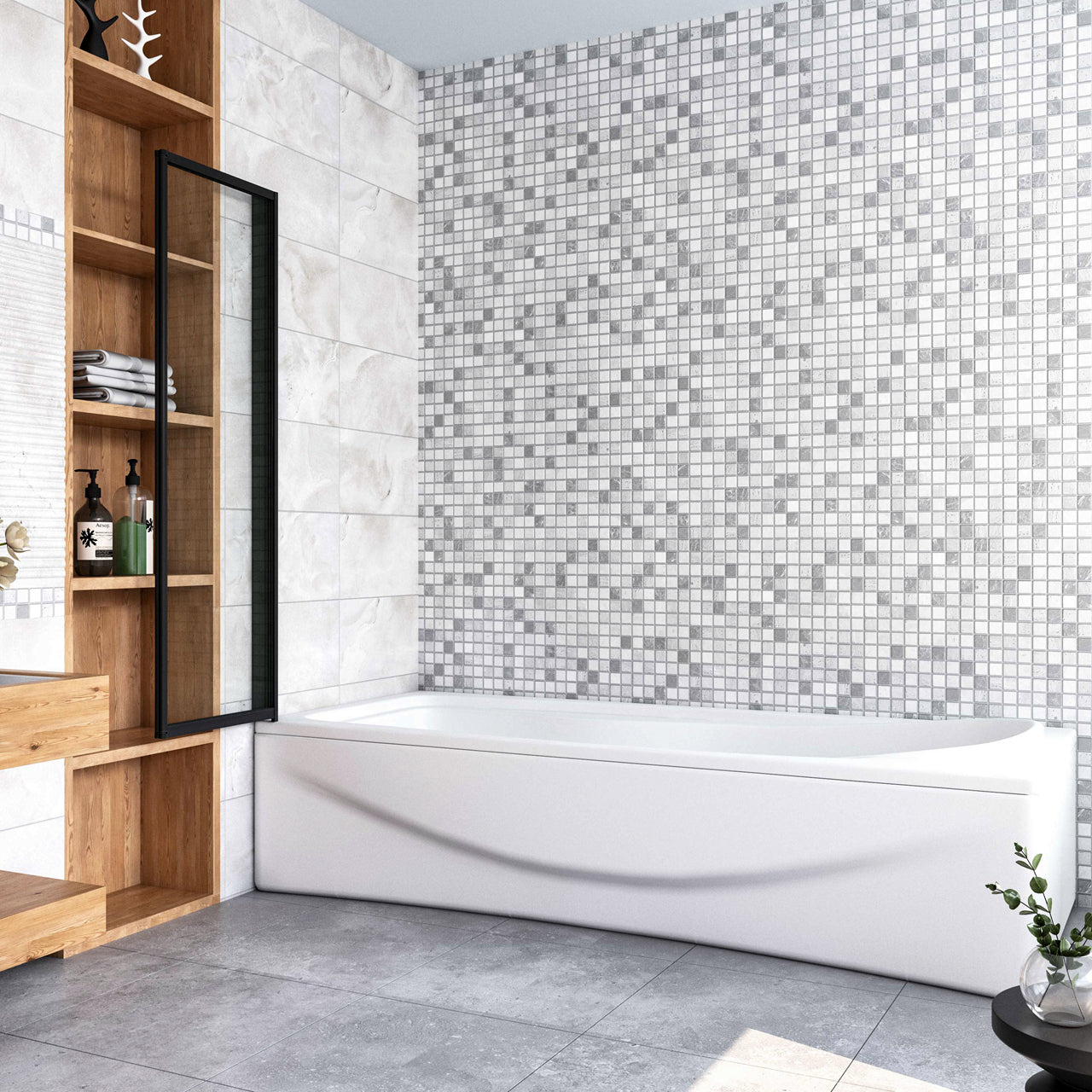 Sopravasca 90x140 cm Parete Doccia per Vasca 2 Antine Pieghevoli a Libro Vetro Temperato Trasparente Da 4 mm Profilo Nero Opaco