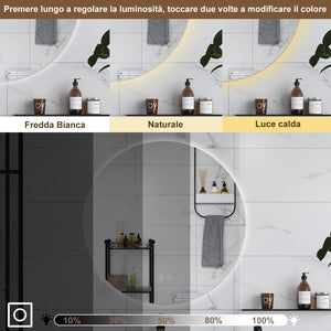 AICA Specchio da bagno 90 x 90 cm, 3 colori, antiappannamento, dimmerabile, interruttore touch, Funzione Memoria