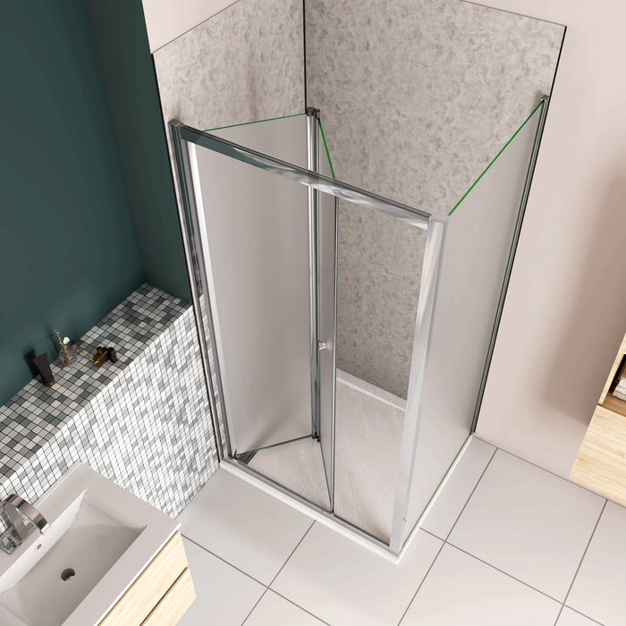 185cm Box Doccia Angolare Porta a Soffietto con Parete Fissa 100x80cm in Vetro Temperato Satinato Opaco 5 mm Profilo Cromato Lucido