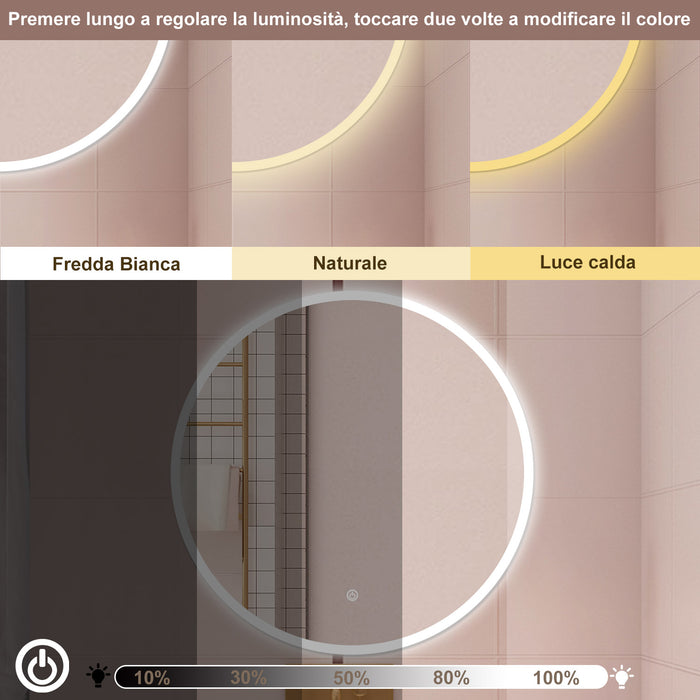 AICA Specchio da bagno 100 x 100 cm, 3 colori, antiappannamento, dimmerabile, interruttore touch, Funzione Memoria