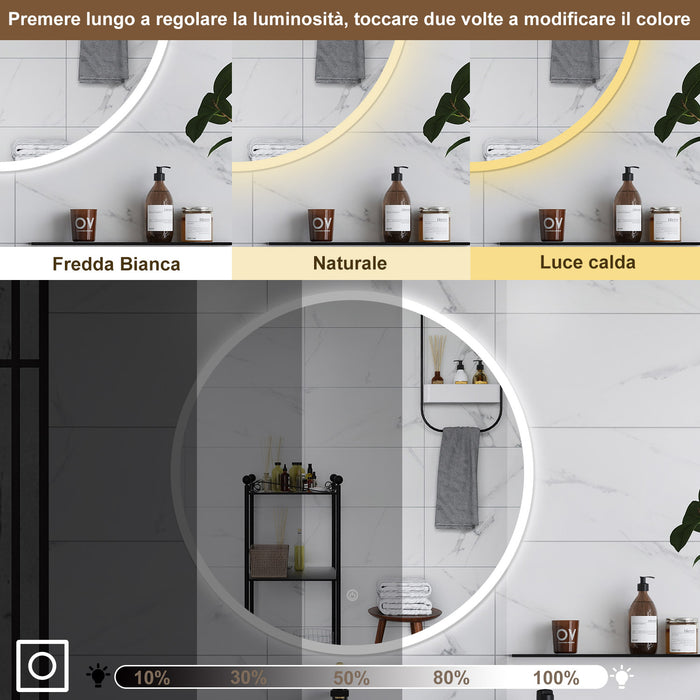 AICA Specchio da bagno 90 x 90 cm, 3 colori, antiappannamento, dimmerabile, interruttore touch, Funzione Memoria