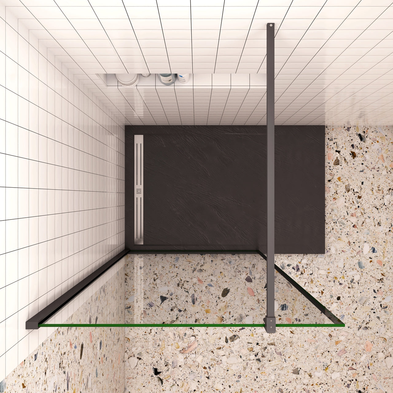 100x200cm Walk In Parete Per Doccia in Vetro Temperato 8mm Anticalcare con Bordo Nero Serigrafato Barra Stabilizzatrice da 90 cm