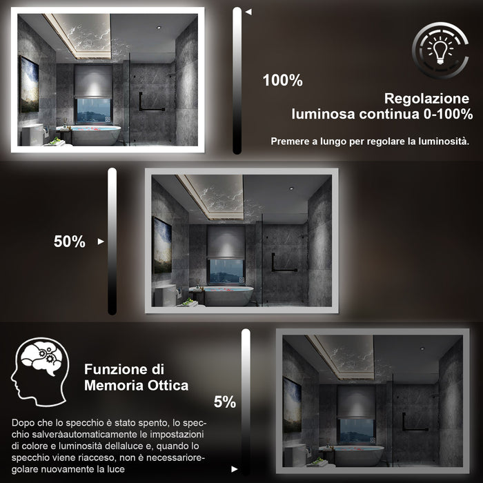 100 x 60 cm,AICA Specchio da Bagno LED con Luce, memoria, antiappannamento,CRI>90,autospegnimento,interruttore touch