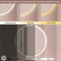 AICA Specchio da bagno 60 x 60 cm, 3 colori, antiappannamento, dimmerabile, interruttore touch, Funzione Memoria