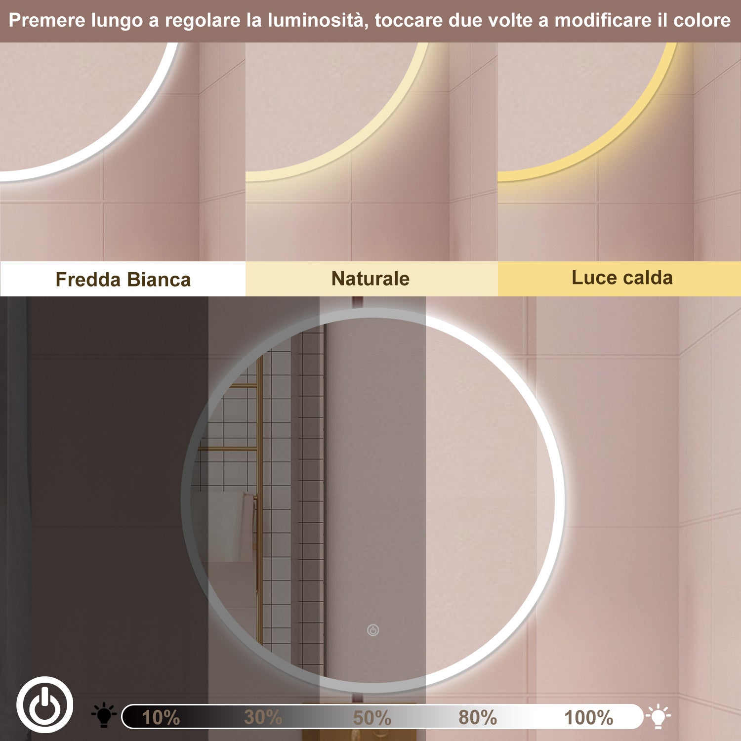 AICA Specchio da bagno 90 x 90 cm, 3 colori, antiappannamento, dimmerabile, interruttore touch, Funzione Memoria