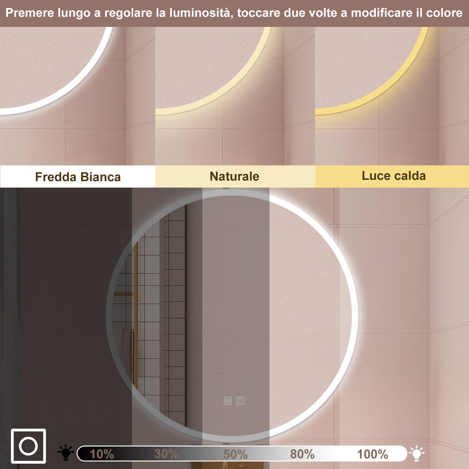 AICA Specchio da bagno 60 x 60 cm, 3 colori, antiappannamento, dimmerabile, interruttore touch, Funzione Memoria