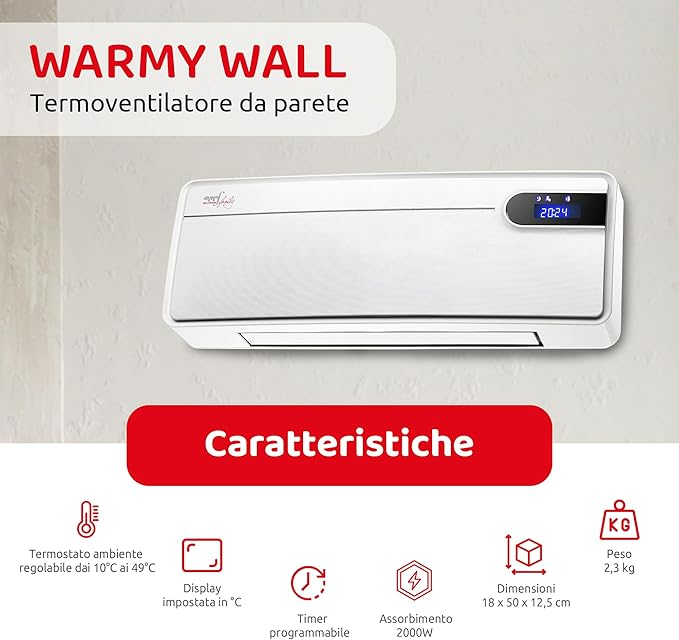 Melchioni Family Termoventilatore da parete warmy wall PTC con oscillazione sicurezza bambini telecomando timer display 2000W