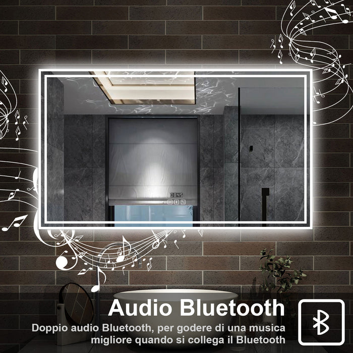 140 x 80 cm,AICA Specchio da Bagno LED con Luce, 3 Colori Regolabili,Blue tooth,orologio,memoria, antiappannamento,CRI>90,autospegnimento