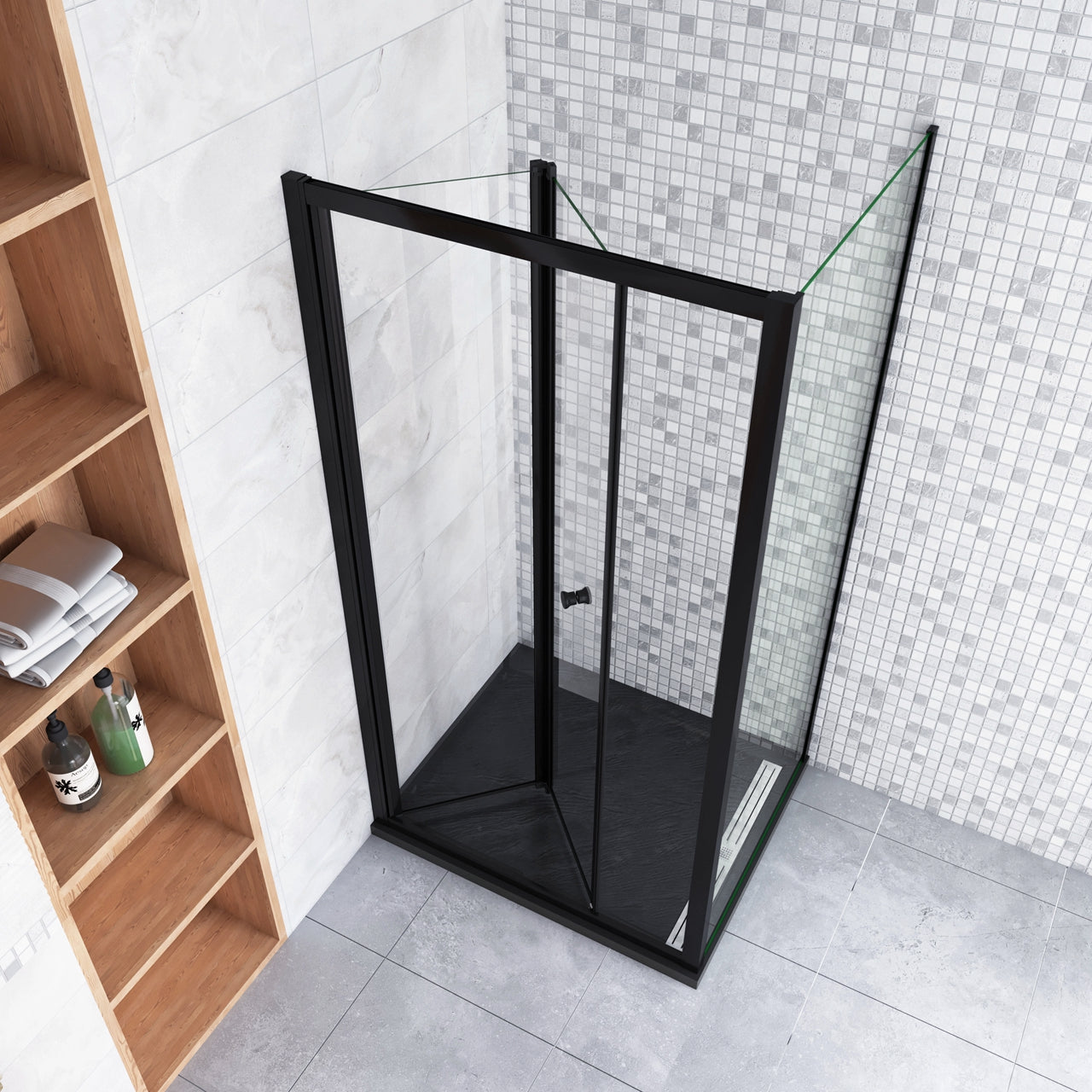 185cm Box Doccia Angolare Porta a Soffietto con Parete Fissa 90x70cm in Vetro Temperato Trasparente 5 mm Profilo Nero Opaco