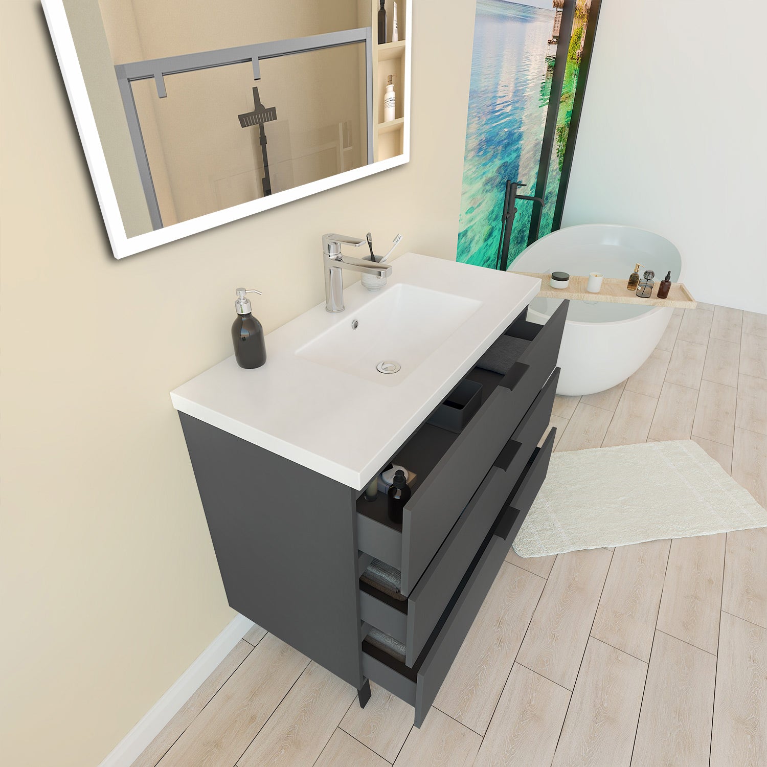 Mobile Bagno Appoggio 99 cm con 3 Cassetti, Lavabo da Incasso, Nero
