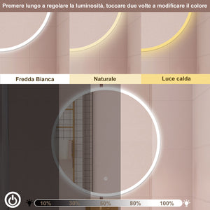 AICA Specchio da bagno 120 x 120 cm, 3 colori, antiappannamento, dimmerabile, interruttore touch, Funzione Memoria