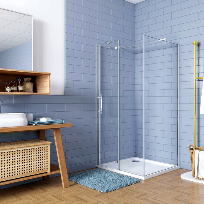 195cm Box Doccia Angolare Porta Battente con Parete Fissa 100x70cm Vetro 6 mm Temperato Anticalcare Trasparente con 2 Barre Stabilizzatrici da 30cm e 140cm