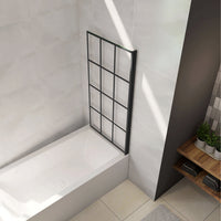 Parete Vasca Doccia 80xh.140cm Sopravasca Pannello Girevole in Vetro Temperato 6 mm Trasparente con Riquadri Neri