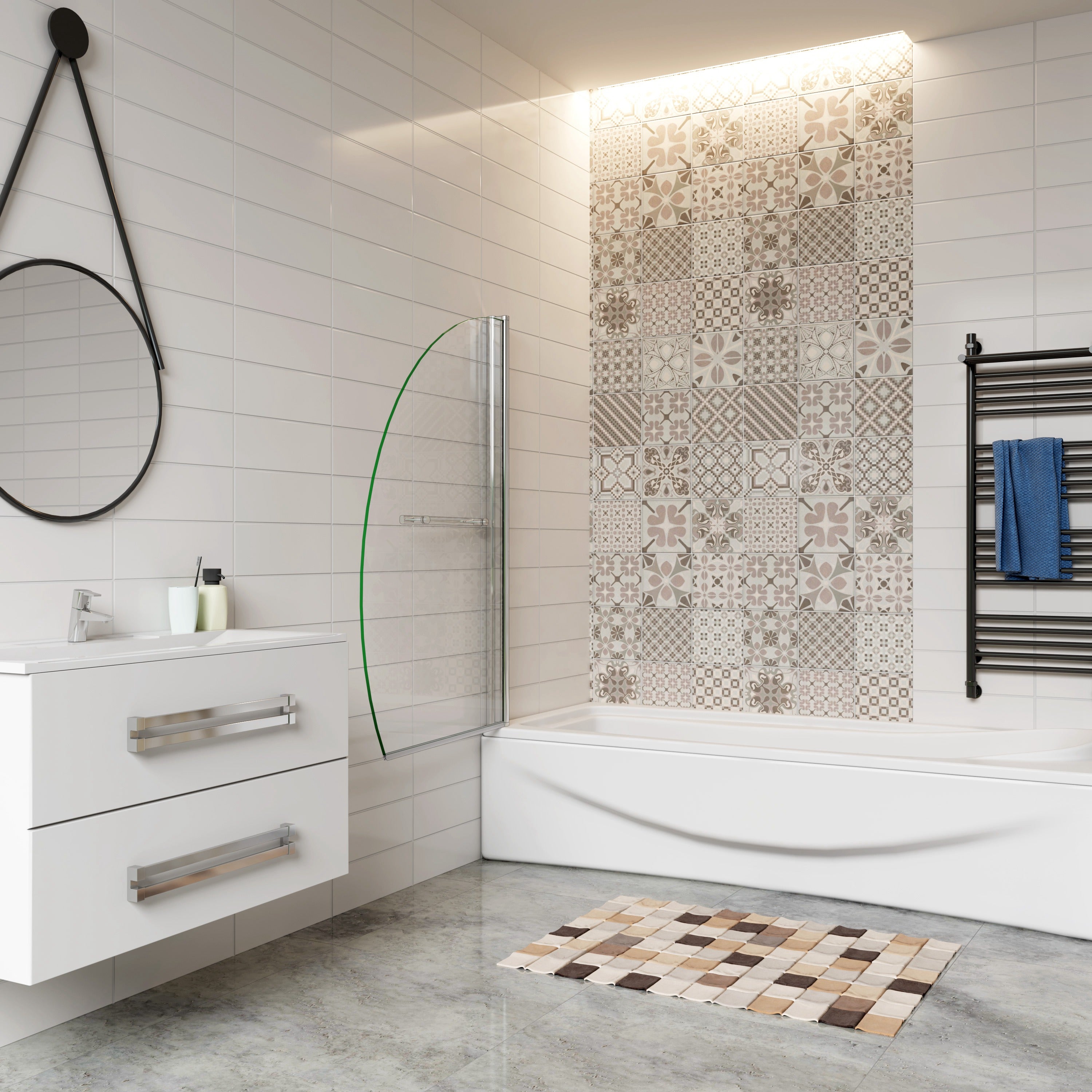 100x150cm Parete Vasca Doccia Sopravasca Pannello Forma Vela in Vetro Temperato 8 mm Trasparente Anticalcare Telaio Cromato Lucido Portasciugamani