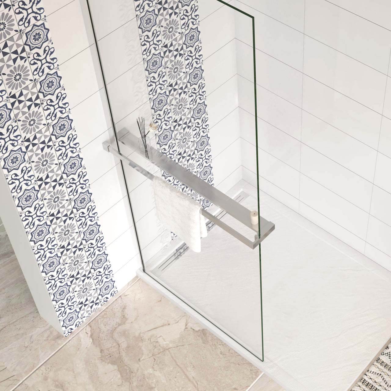 Mensola Doccia per Parete Doccia Walk in 100 cm Alluminio Cromo Lucido Porta-asciugamani Adattabile Vetro da 8 mm