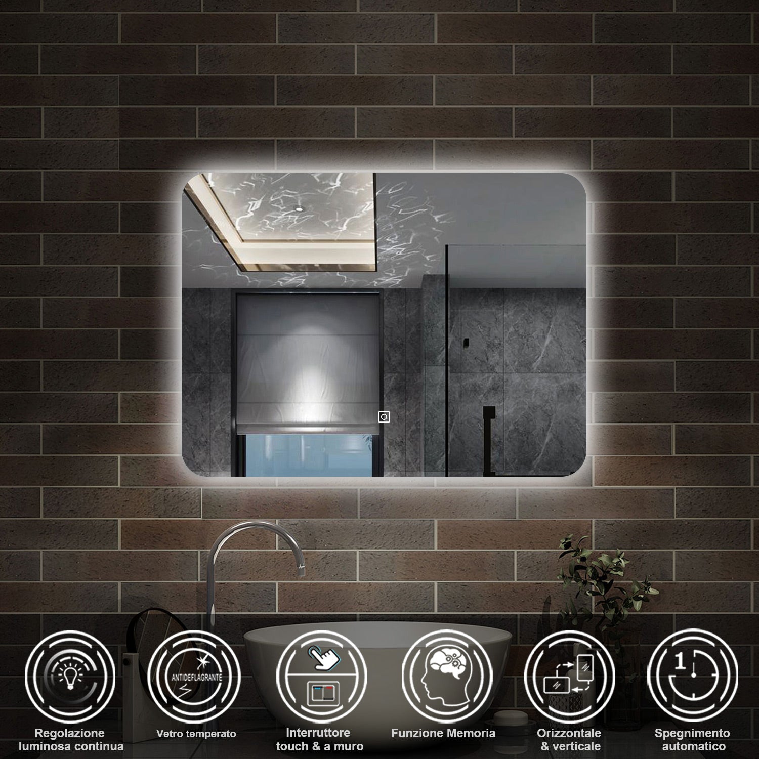 specchio 80 x 60 cm rettangolare con luce led e touch