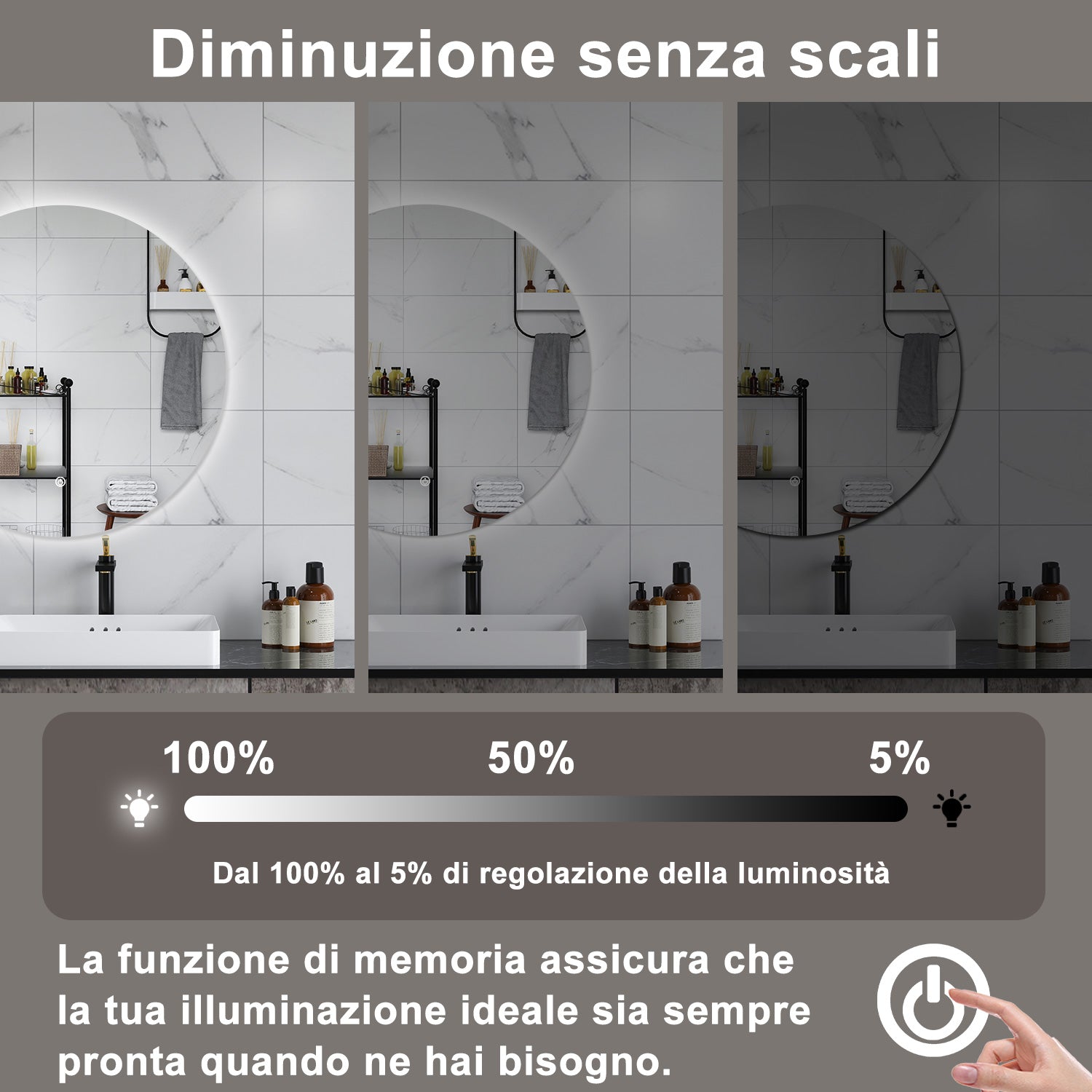 AICA Specchio da bagno 60 x 60 cm, antiappannamento, dimmerabile, interruttore touch, Funzione Memoria