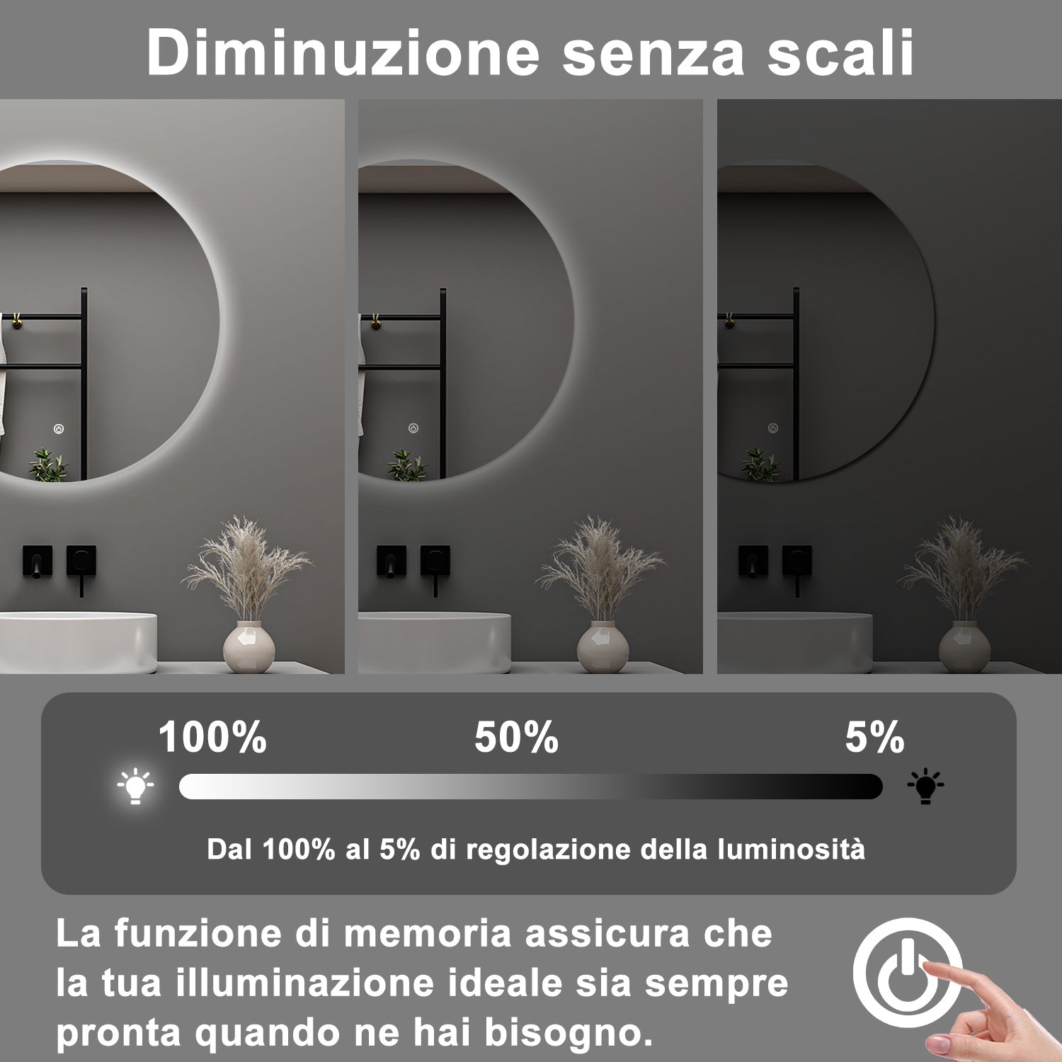 AICA Specchio da bagno 70 x 70 cm, antiappannamento, dimmerabile, interruttore touch, Funzione Memoria