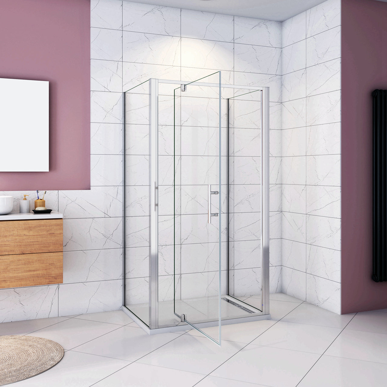 185cm Box Doccia a Tre Lati Porta Girevole Battente 70cm con Doppia Parete Fissa 70x70cm Vetro Temperato Trasparente 5 mm Profilo Cromo Lucido