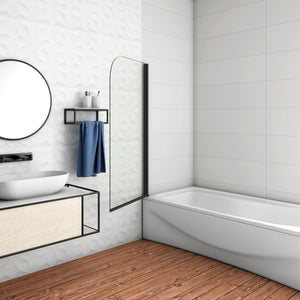 80x140cm Parete Vasca Doccia Sopravasca Singolo Pannello Stondato/Curvo Girevole in Vetro Temperato 5 mm Trasparente Telaio Nero Opaco