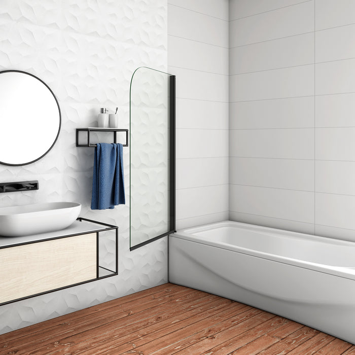 80x140cm Parete Vasca Doccia Sopravasca Singolo Pannello Stondato/Curvo Girevole in Vetro Temperato 5 mm Trasparente Telaio Nero Opaco