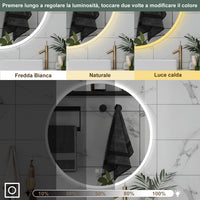 AICA Specchio da bagno 80 x 80 cm, 3 colori, antiappannamento, dimmerabile, interruttore touch, Funzione Memoria