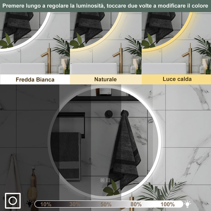 AICA Specchio da bagno 80 x 80 cm, 3 colori, antiappannamento, dimmerabile, interruttore touch, Funzione Memoria