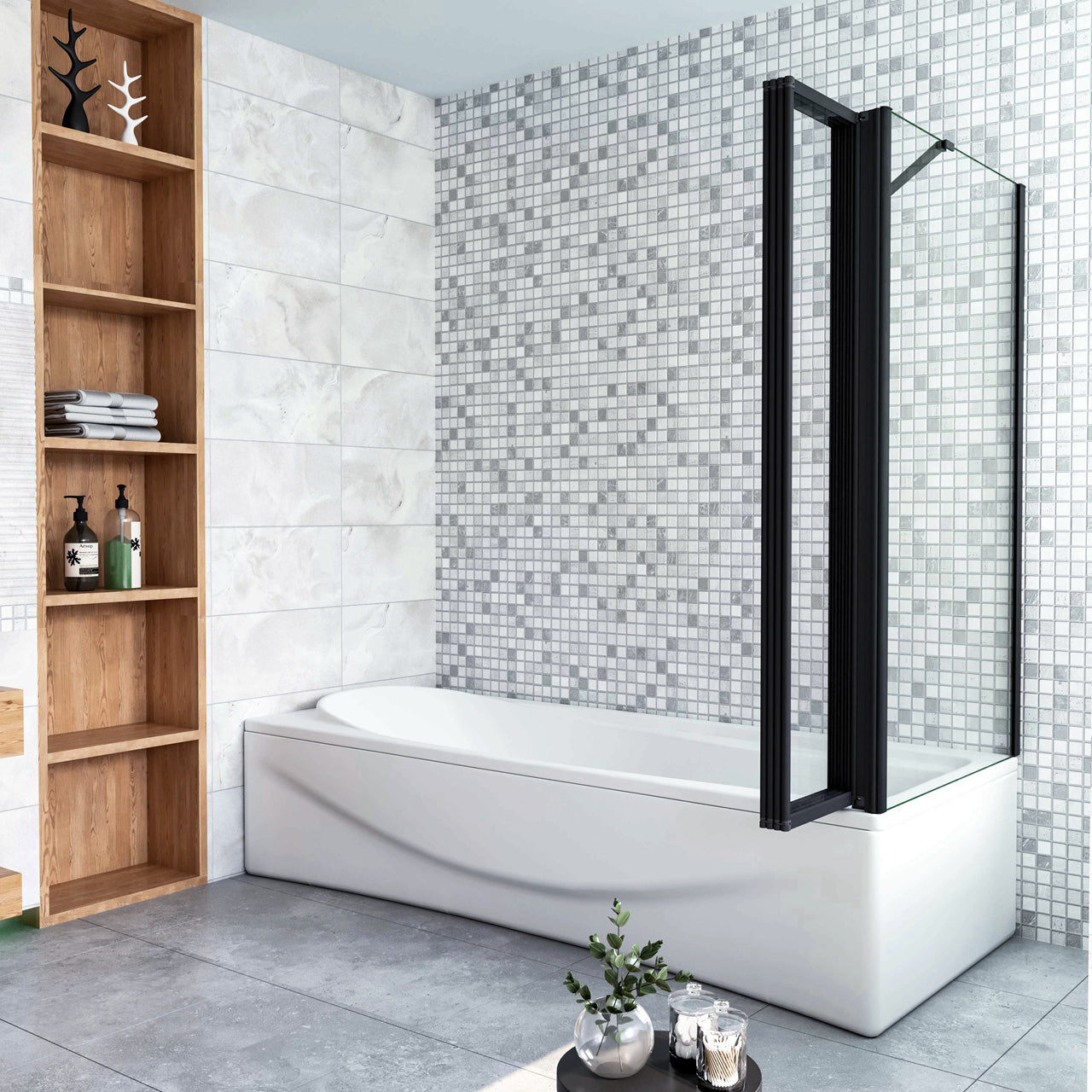 Parete Vasca Doccia 90x75cm Sopravasca Angolare 4 Ante Pieghevoli Vetro Temperato Trasparente da 4 mm con Parete Laterale da 6 mm H.140cm Telai Neri Opachi