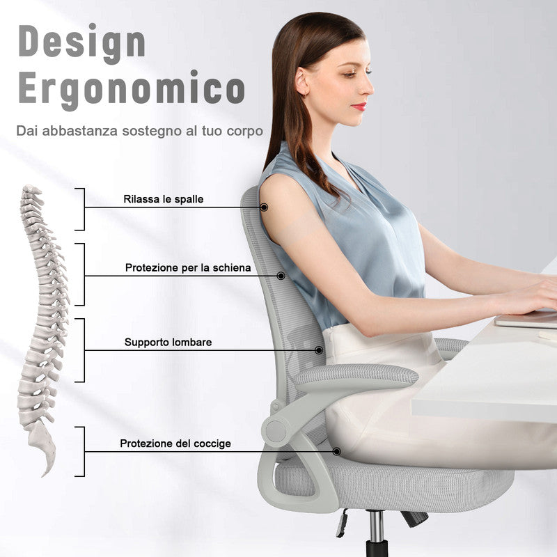Sedia Ufficio Bracciolo Regolabile - RATTANTREE - con Supporto Lombare, Schienale Reclinabile 105°, Grigio