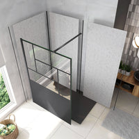 Doccia Walk In Parete Fissa Vetro Temperato 8 mm Anticalcare 90x200cm Semitrasparente Riquadri Nero Serigrafato Barra Stabilizzatrice da 90 cm