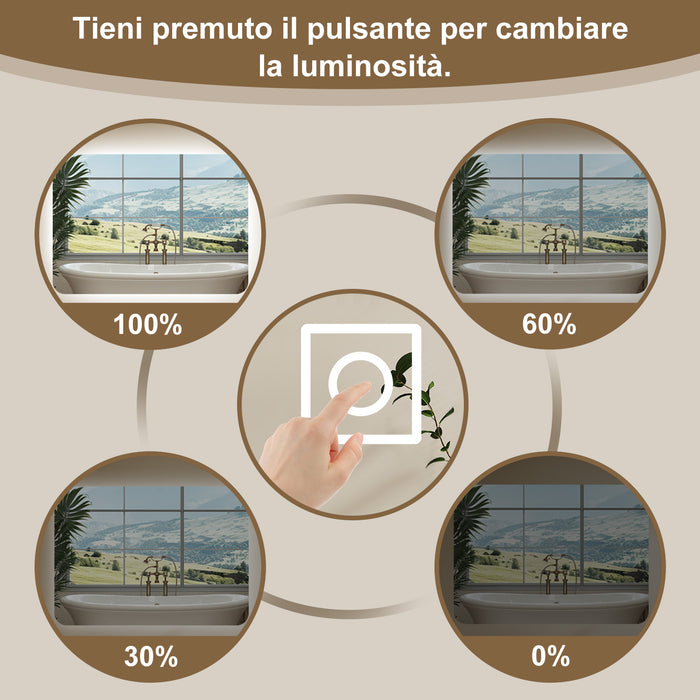 AICA 90 x 60cm Specchio da bagno con LED, Rettangolare, Touch, Memoria, Dimmerabile, Retroilluminato