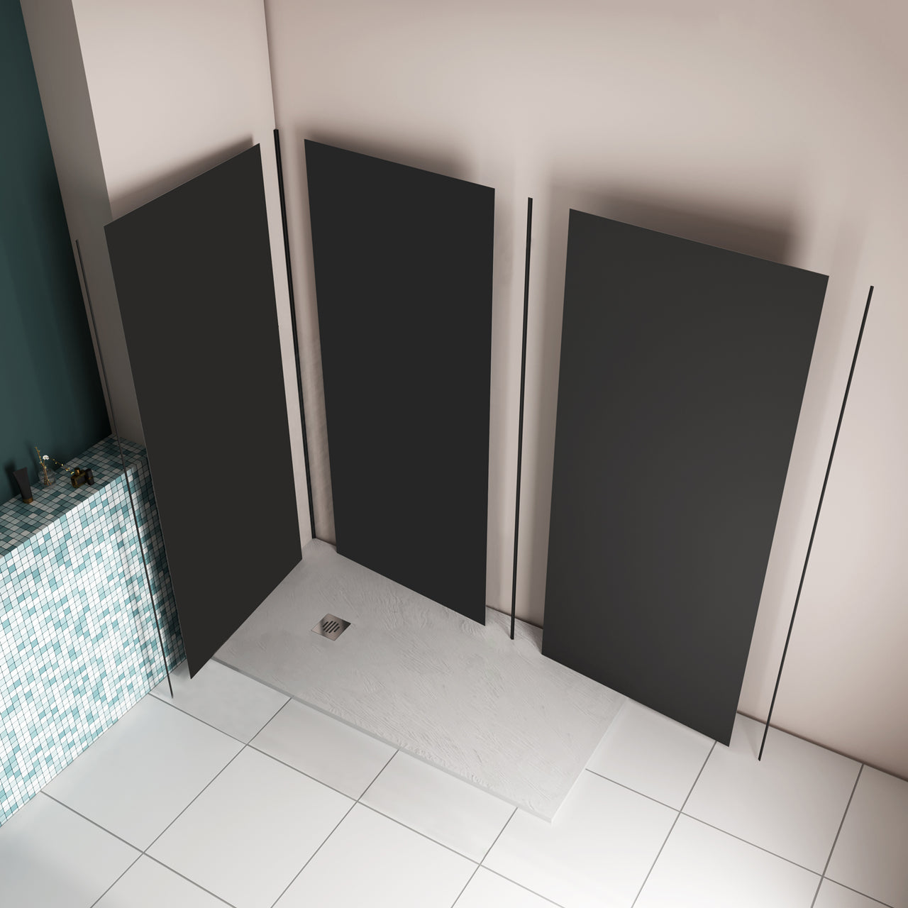 H.210 cm Pannello Doccia ad Angolo 80x80x120 cm Realizzato in Alluminio da 3 mm con Profili Finitura Nero Opaco per Rivestimento Parete Bagno