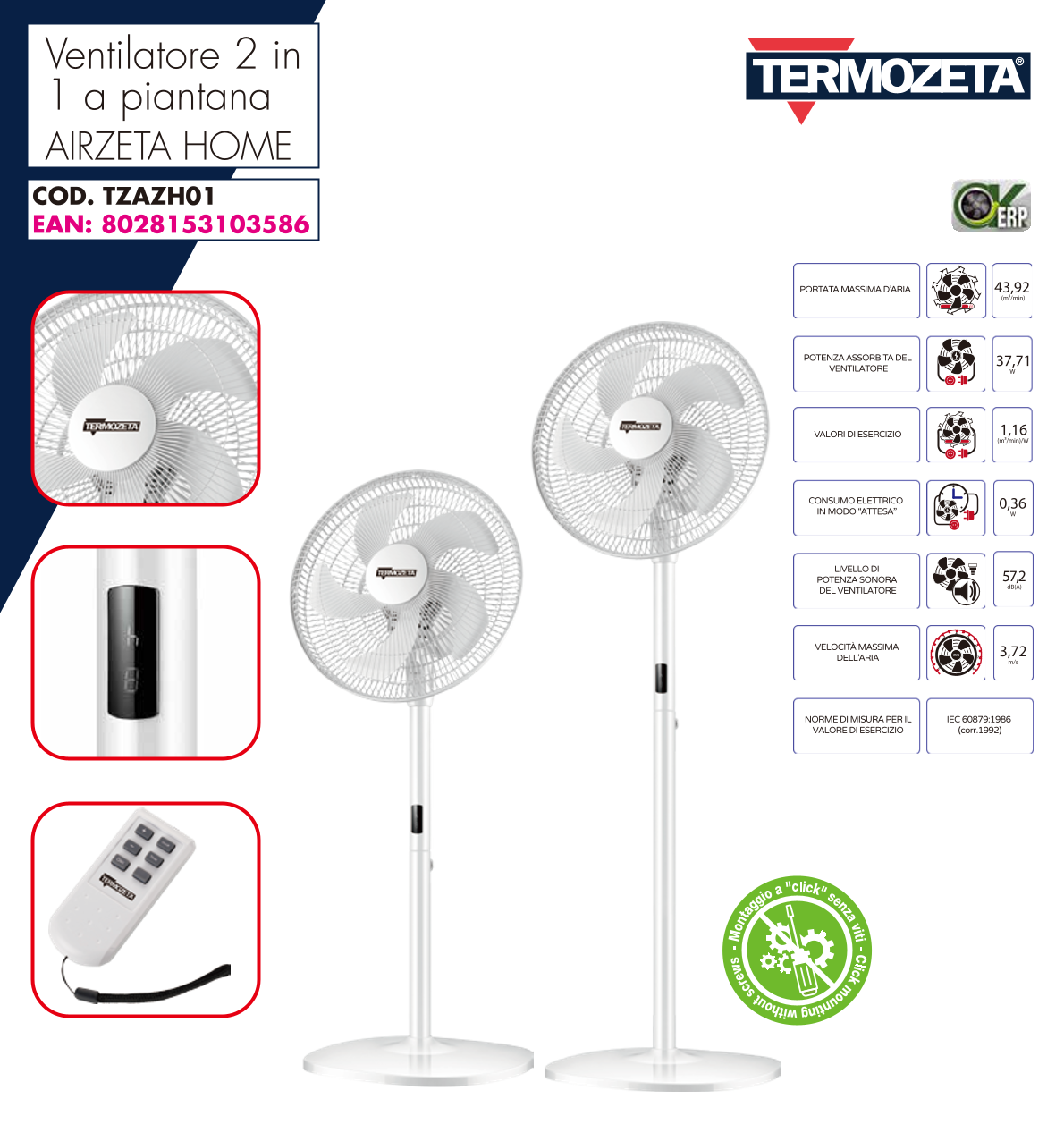 Termozeta Ventilatore a piantana 2 in 1 TZAZH01 montaggio senza viti timer 8h 5 pale 3 velocità oscillazione controlli al LED telecomando