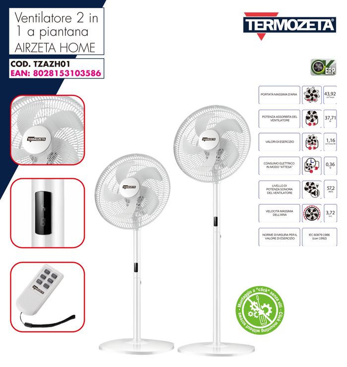 Termozeta Ventilatore a piantana 2 in 1 TZAZH01 montaggio senza viti timer 8h 5 pale 3 velocità oscillazione controlli al LED telecomando