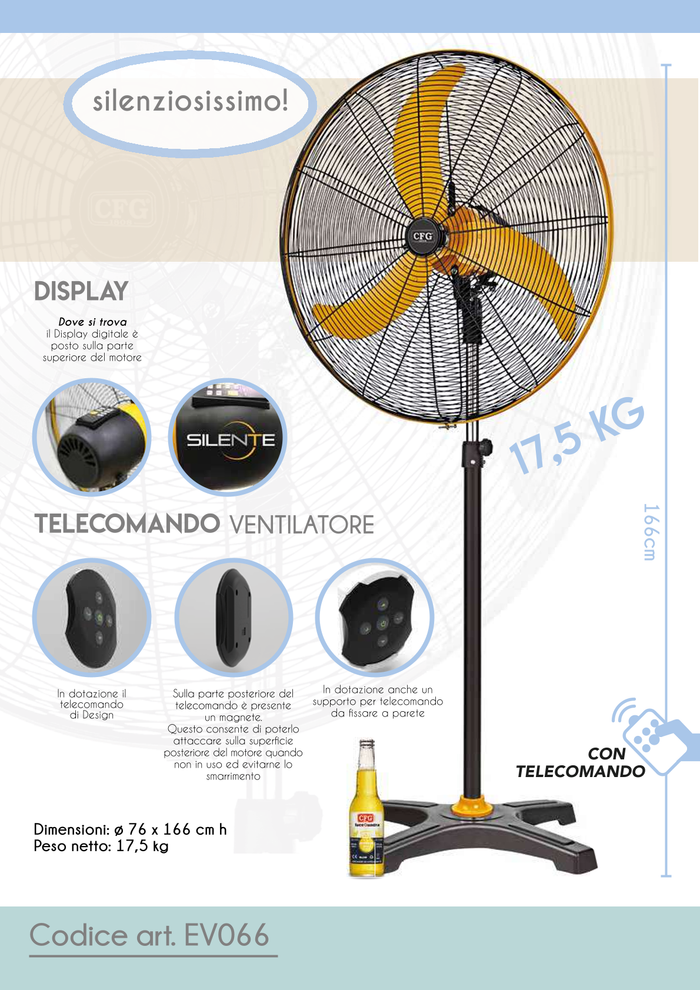 CFG Ventilatore a piantana Silente 32 silenzioso motore DC da 130W funzione Sleep e FEEL timer oscillazione dimaetro 76 cm altezza 170cm