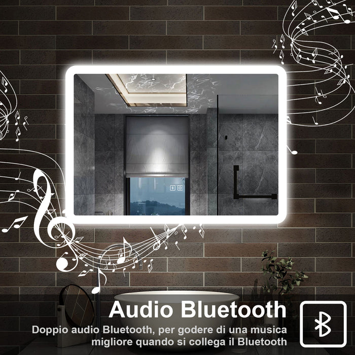 specchio rettangolare 70 x 50 cm con luce led a 3 colori, antiappannamento e touch, bluetooth