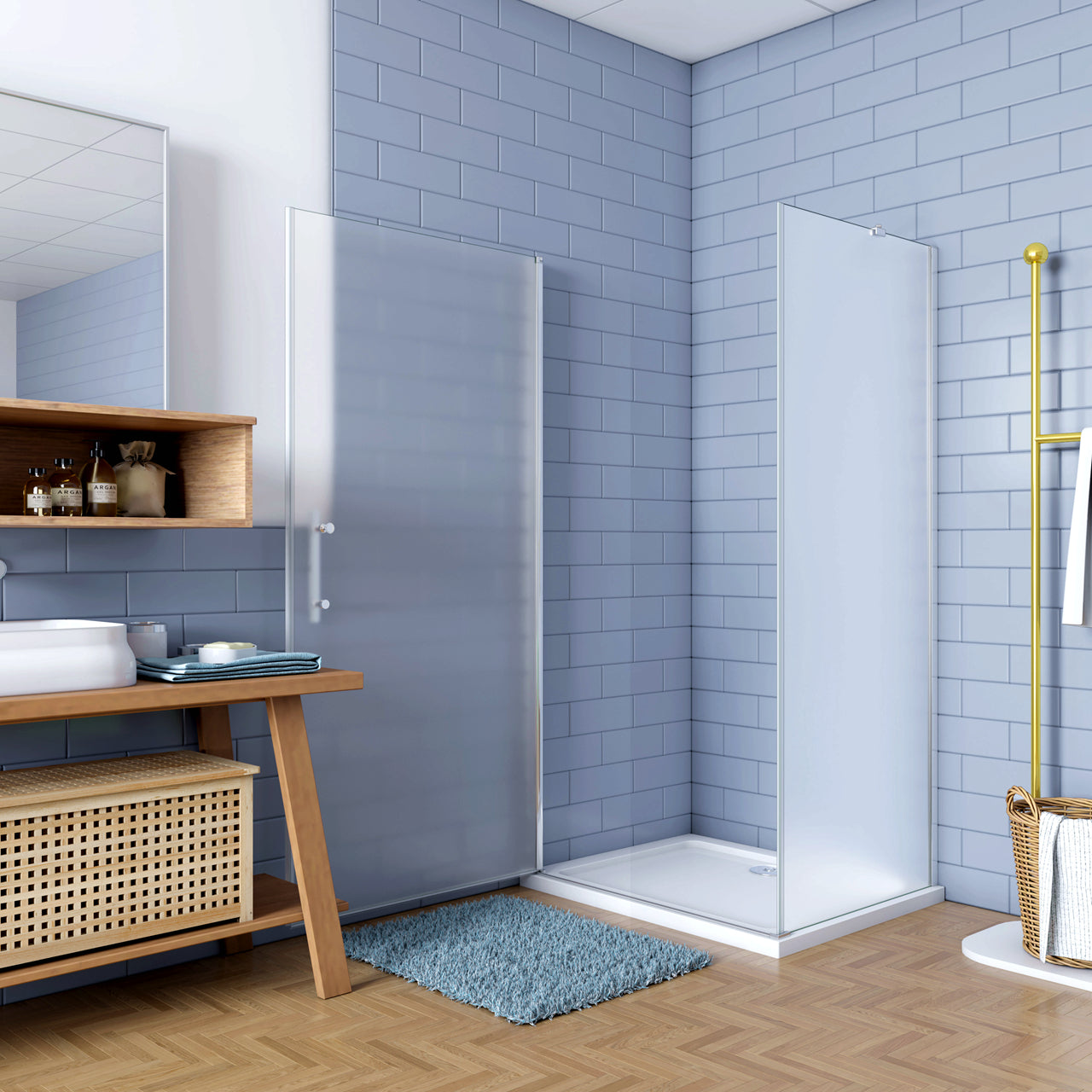 195cm Box Doccia Angolare Porta Battente con Parete Fissa 90x90cm in Vetro Satinato 6mm Anticalcare Irreversibile