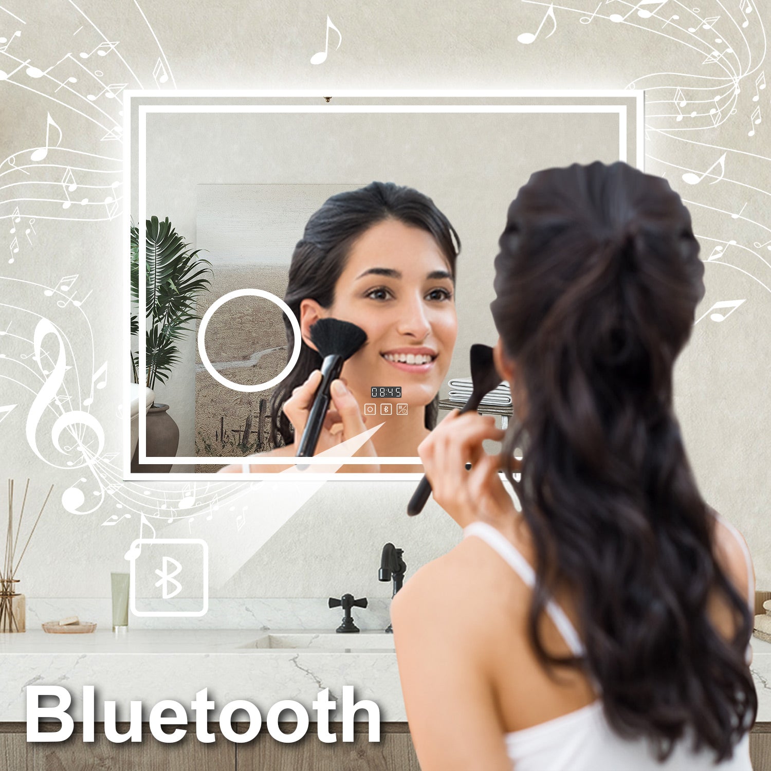 Specchio Luminoso da Bagno 120x70cm con Bluetooth, 3 Luci LED, Regolabile, Lente d'Ingrandimento, Orologio, Anti-Appannamento e Memoria