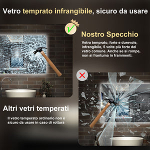 specchio rettangolare 80 x 60 cm con luce led a 3 colori, antiappannamento e touch
